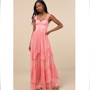 Lulus Stunning Personality Pink Mesh Off Shoulder Tiered Ruffled Maxi Dress NWT